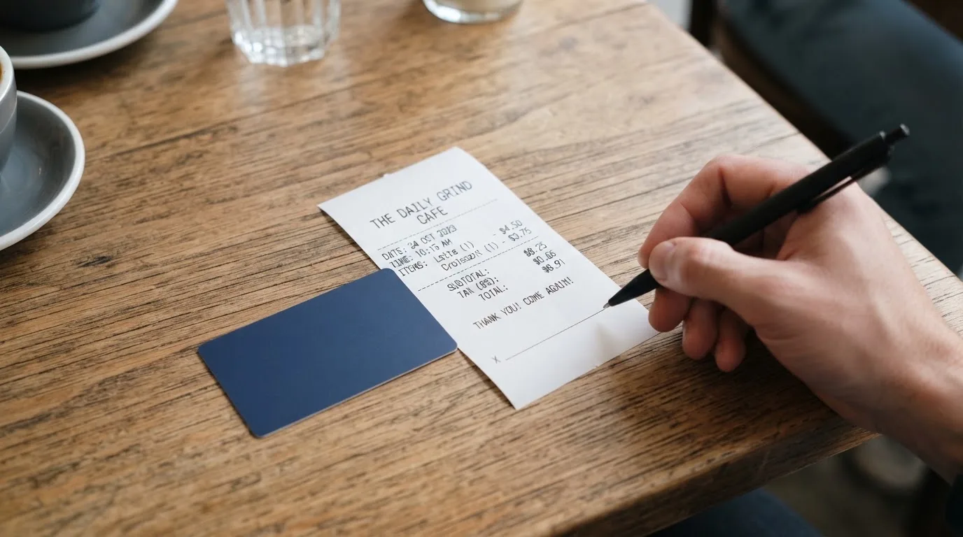 A receipt and a card on a café table