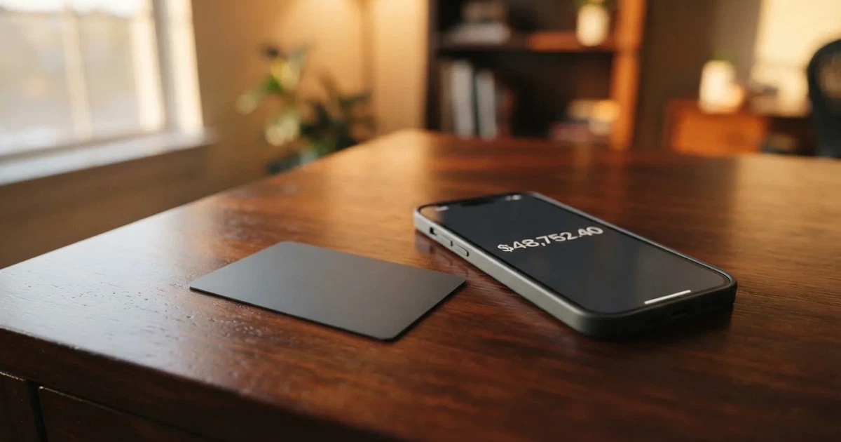 A payment card next to a phone with a crypto wallet app open