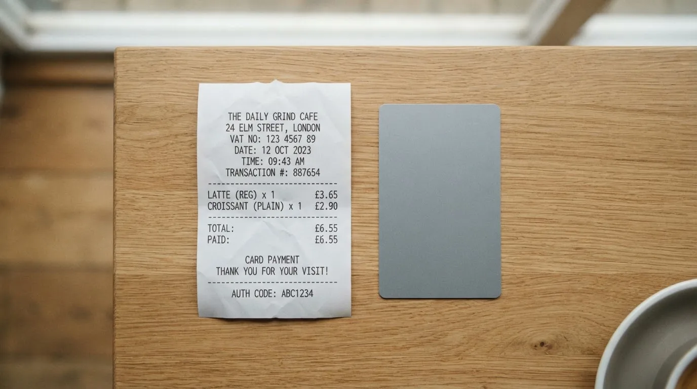 A receipt and a card on a café table