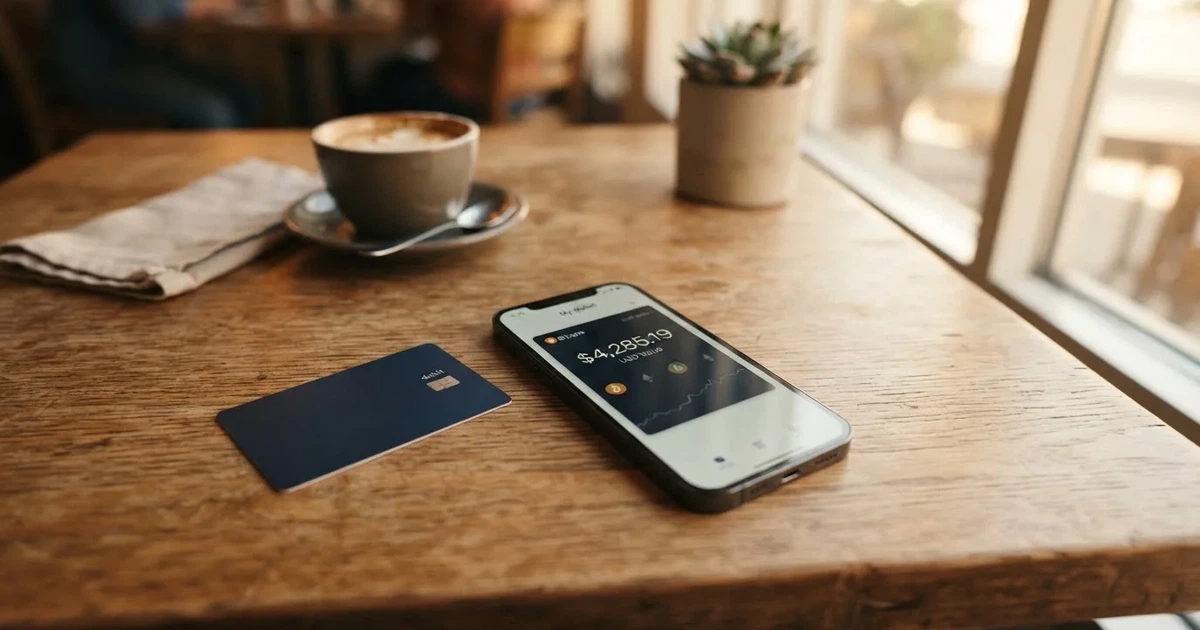 A payment card next to a phone with a crypto wallet app open