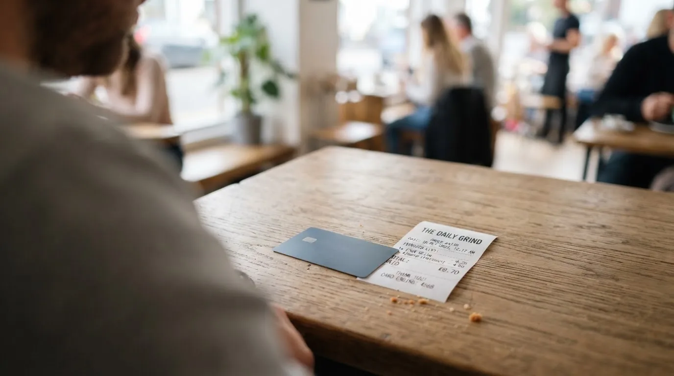 A receipt and a card on a café table