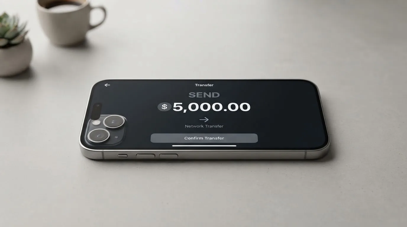 A phone showing a stablecoin transfer screen