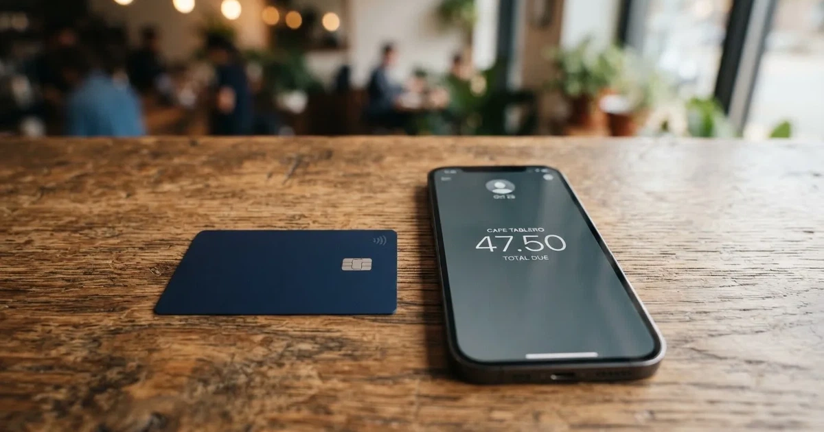 A payment card next to a phone with a crypto wallet app open