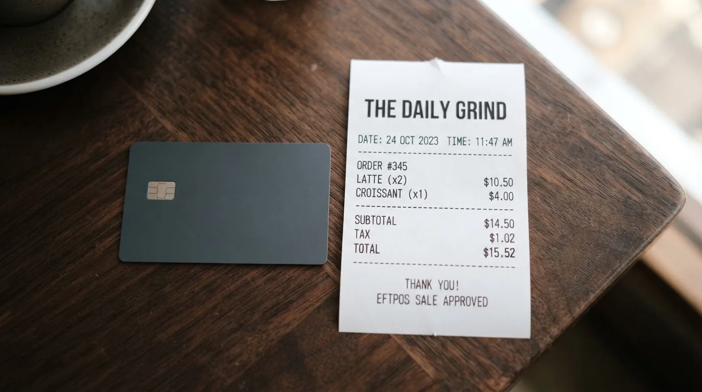 A receipt and a card on a café table