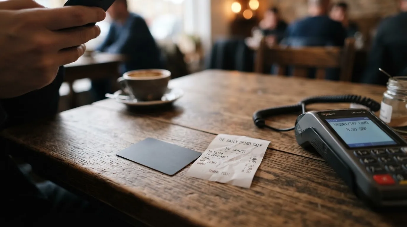 A receipt and a card on a café table