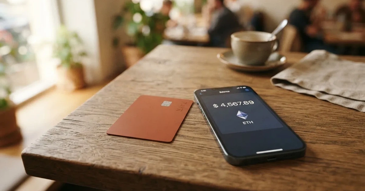 A payment card next to a phone with a crypto wallet app open