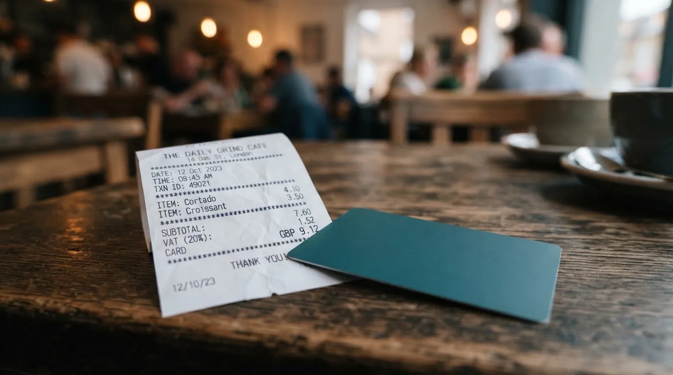A receipt and a card on a café table