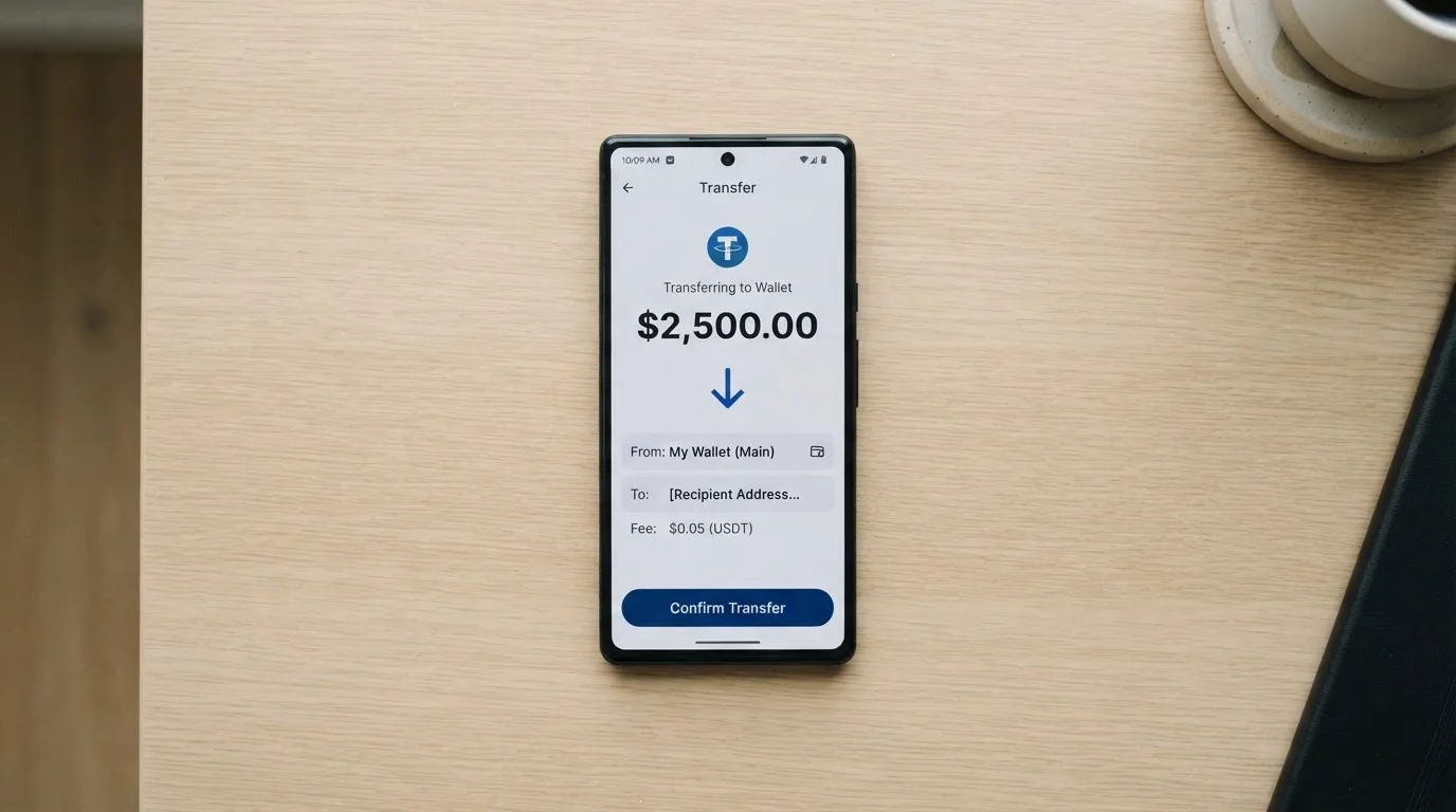 A phone showing a stablecoin transfer screen