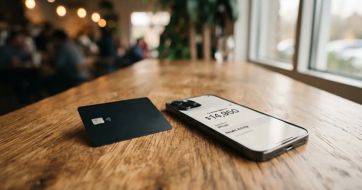 A payment card next to a phone with a crypto wallet app open