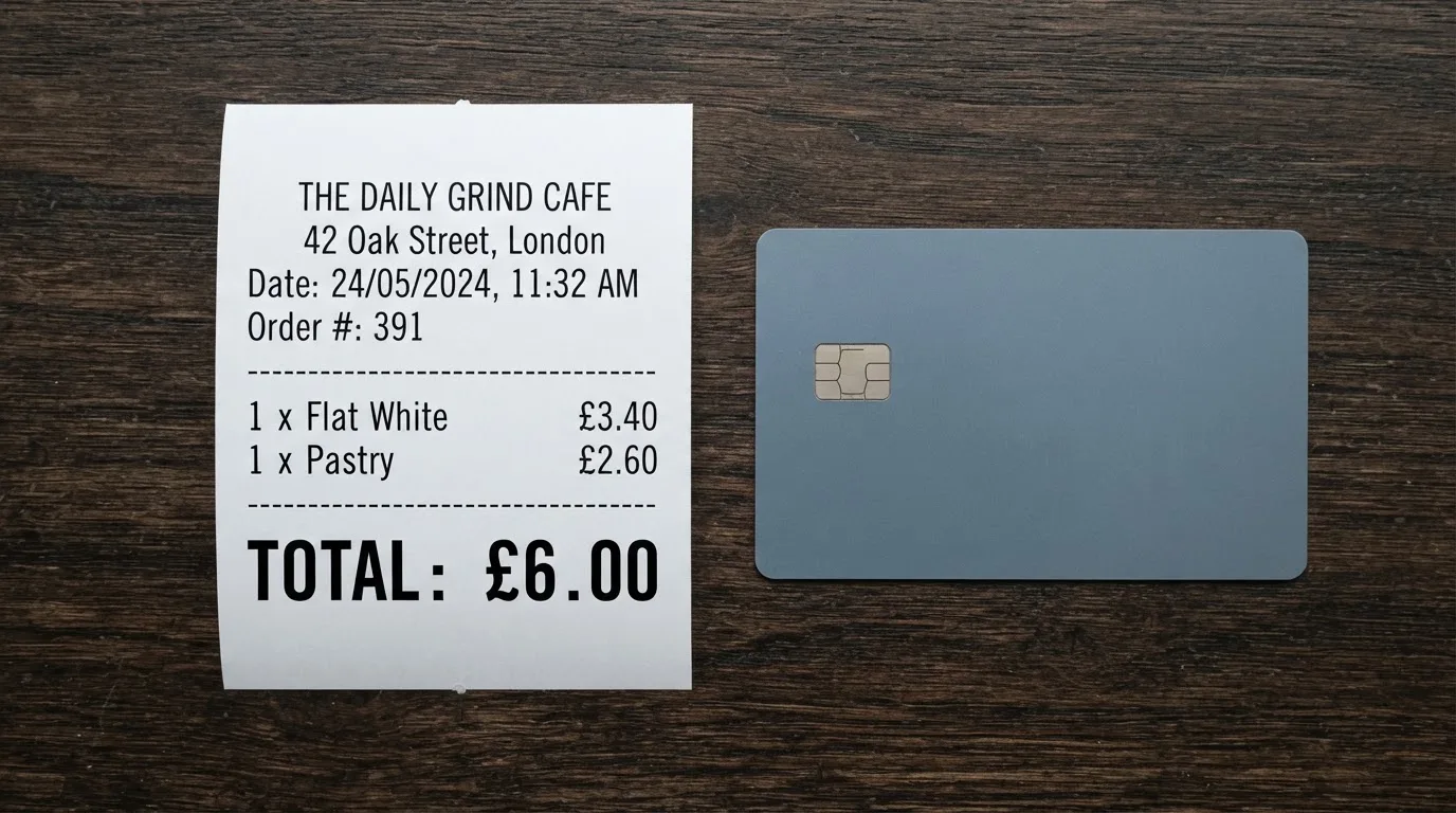 A receipt and a card on a café table