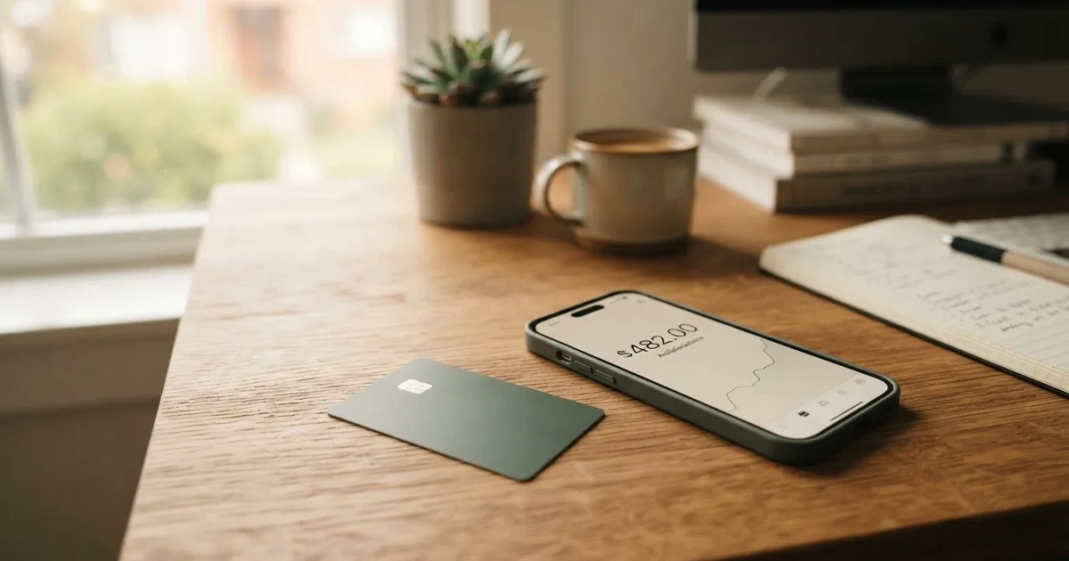 A payment card next to a phone with a crypto wallet app open