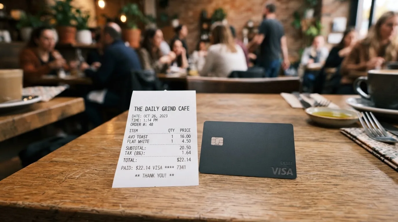 A receipt and a card on a café table