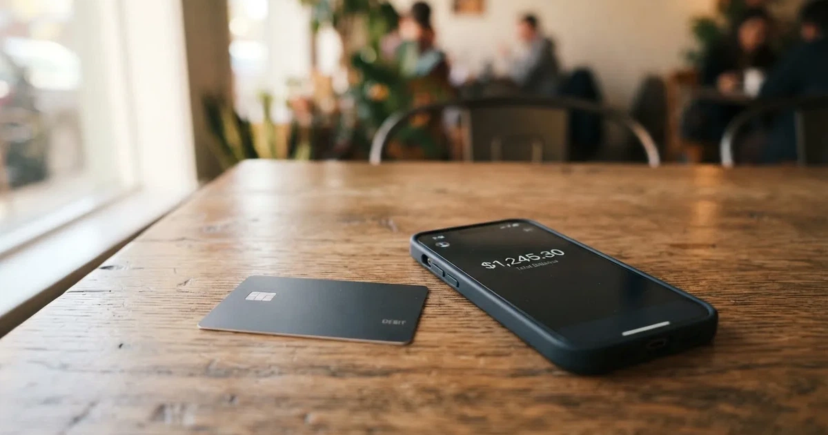 A payment card next to a phone with a crypto wallet app open