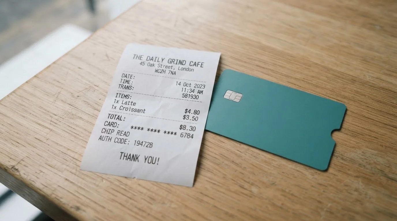 A receipt and a card on a café table