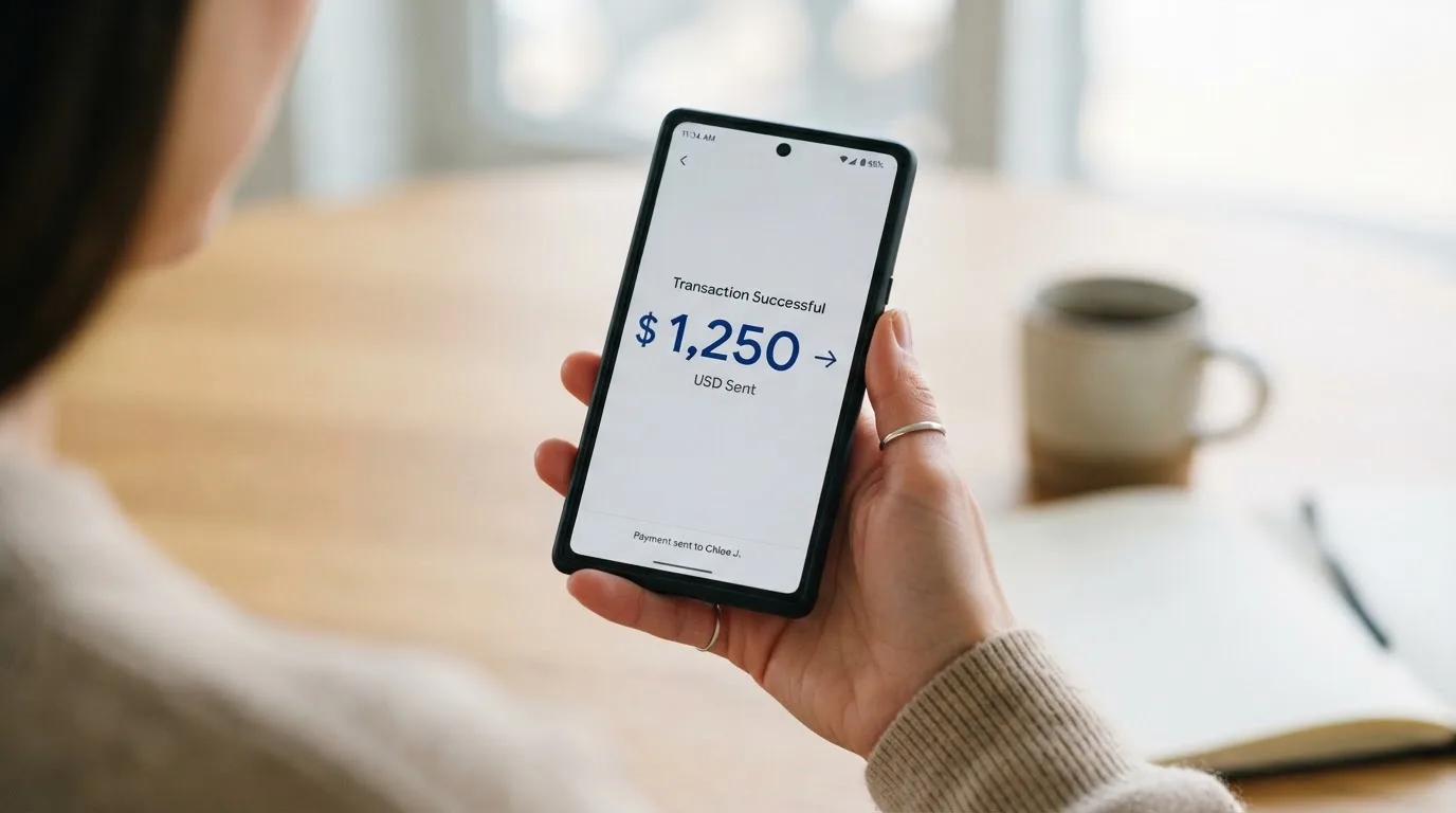 A phone showing a stablecoin transfer screen