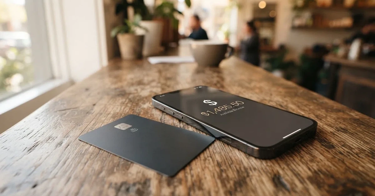 A payment card next to a phone with a crypto wallet app open