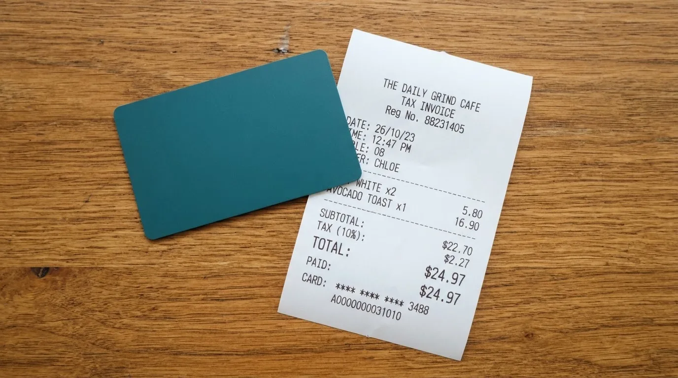 A receipt and a card on a café table