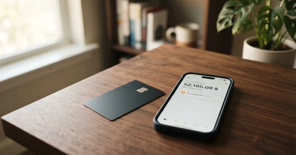 A payment card next to a phone with a crypto wallet app open