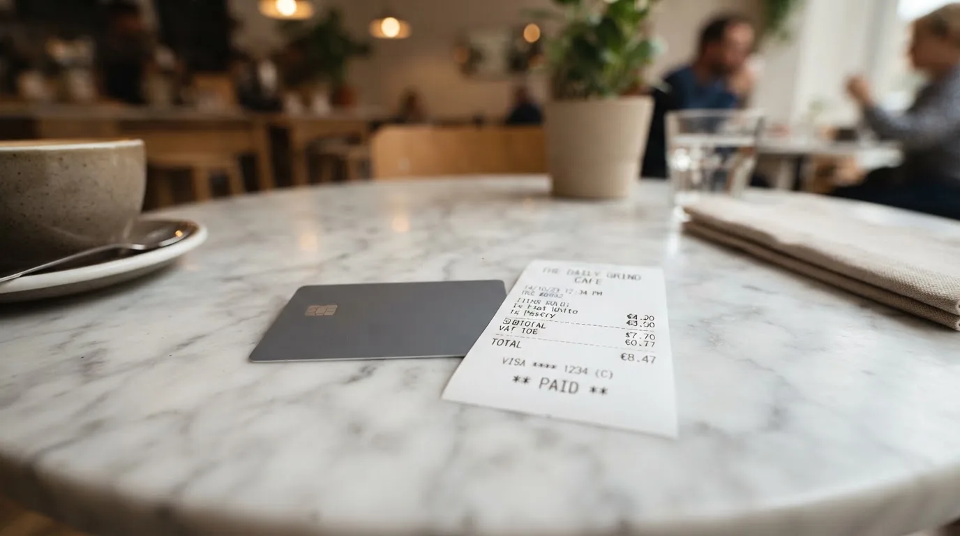 A receipt and a card on a café table