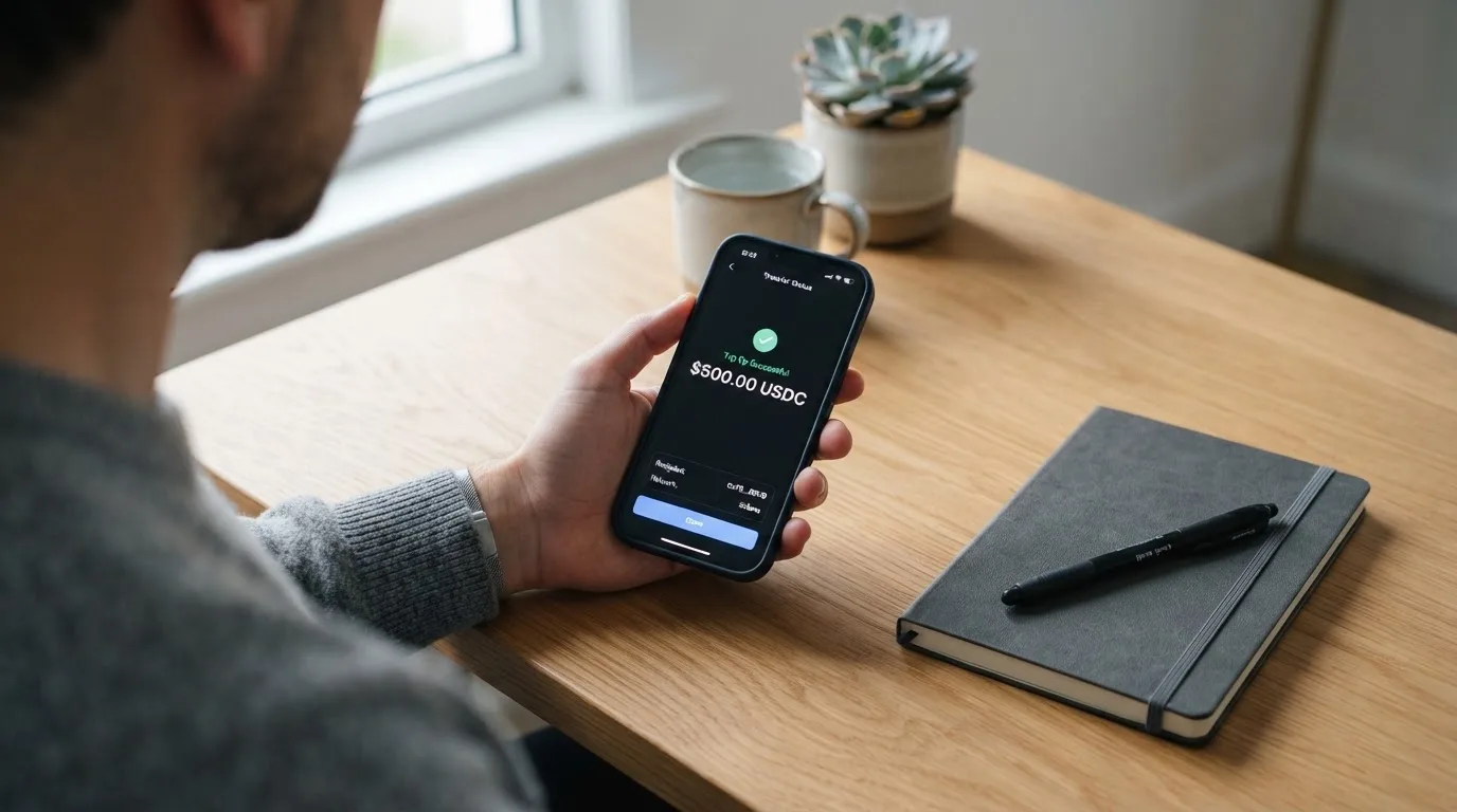 A phone showing a stablecoin transfer screen